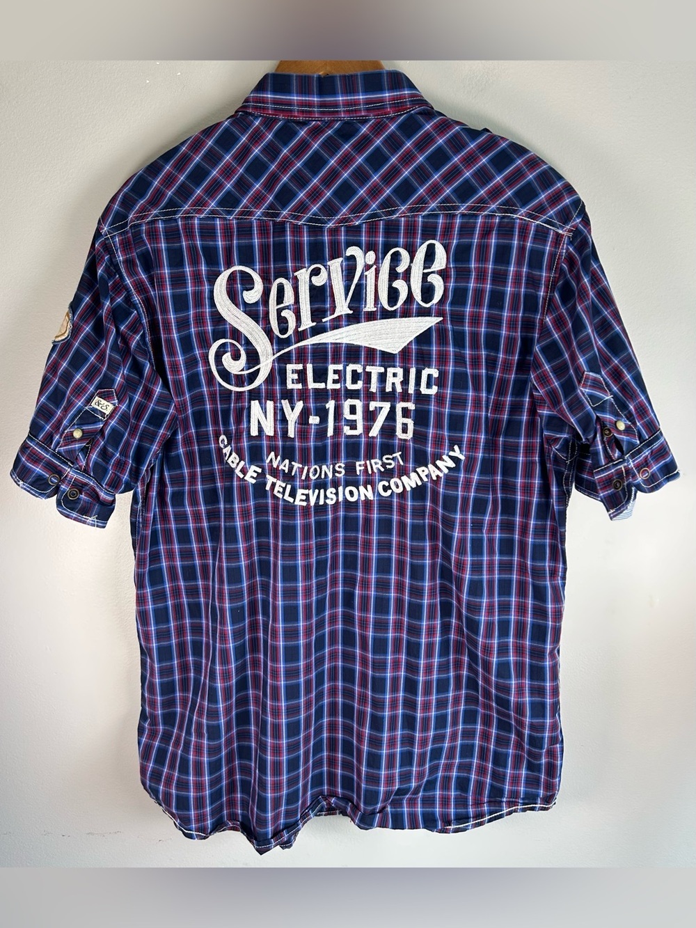 Scotch & Soda Men’s Snap Button Up Shirt L Plaid Embroidered Cable TV NY Retro